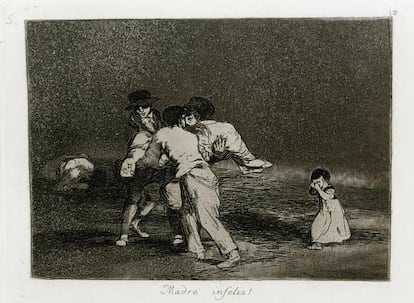 'Disasters of war 50': 'Unhappy mother!' by Francisco de Goya (h. 1811-1812). First edition.