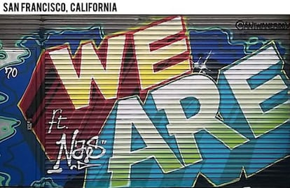 Foto de un grafiti del álbum de Justin Bieber, en San Francisco.