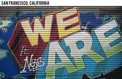 Foto de un grafiti del álbum de Justin Bieber, en San Francisco.