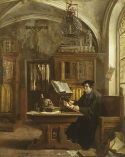 'Martín Lutero traduciendo la Biblia en el castillo de Wartburg en 1521' (1989), de Eugène Siberdt.