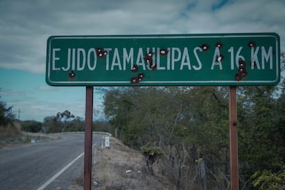 Bullet holes on a sign in the municipality of Chicomuselo, on February 1, 2024.