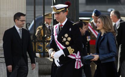 Los Príncipes, únicos asistentes de la Familia Real, junto a los Reyes, al acto. Tal como ya ocurrió el año pasado, las infantas no han acudido.