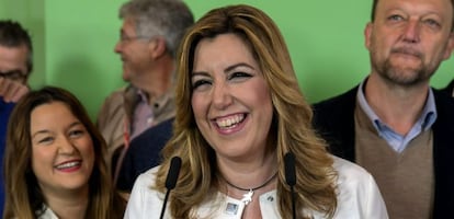 La secretaria general del PSOE-A y presidenta de la Junta de Andaluc&iacute;a, Susana D&iacute;az, durante su comparecencia para valorar los resultados electorales el domingo.