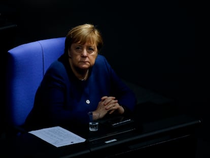 La canciller alemana, Angela Merkel en el Bundestag en Berlín, este martes.