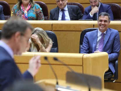 Sánchez, durante una de las intervenciones de Feijóo (en primer término) en el Senado el 25 de abril.