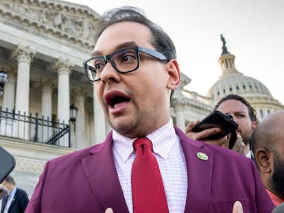 Rep. George Santos, speaks to reporters outside the Capitol, in Washington, May 17, 2023.