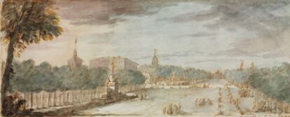 Paseo del Prado y Paseo de Recoletos  (1790), dibujo de Antonio González Velázquez.