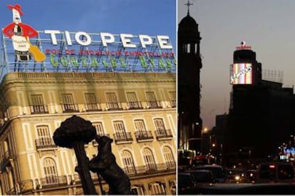Anuncio de Tío Pepe en la Puerta del Sol; al lado, el luminoso de Schweppes en Callao.