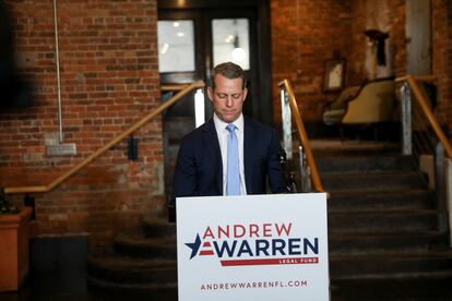 Former Florida State Attorney Andrew Warren gives a statement after learning that a federal court judge ruled DeSantis does not have to reinstate him, in Tampa, Florida, U.S., January 20, 2023.