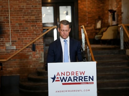 Former Florida State Attorney Andrew Warren gives a statement after learning that a federal court judge ruled DeSantis does not have to reinstate him, in Tampa, Florida, U.S., January 20, 2023.