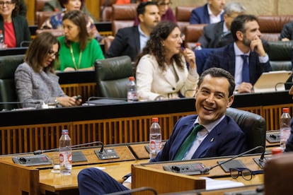 El presidente de la Junta de Andalucía, Juanma Moreno Bonilla, durante el debate del estado de la comunidad, el pasado noviembre en el Parlamento andaluz.