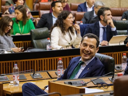 El presidente de la Junta de Andalucía, Juanma Moreno Bonilla, durante el debate del estado de la comunidad, el pasado noviembre en el Parlamento andaluz.