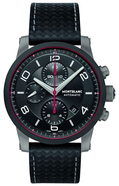 La caja de 43 mm del TimeWalker Urban Speed Chronograph de Montblanc está elaborada en acero frío gris pulido con chorros de arena (y el bisel es de cerámica). Los toques en rojo le imprimen el aliento deportivo a este cronógrafo automático. Precio: 4.800 euros.