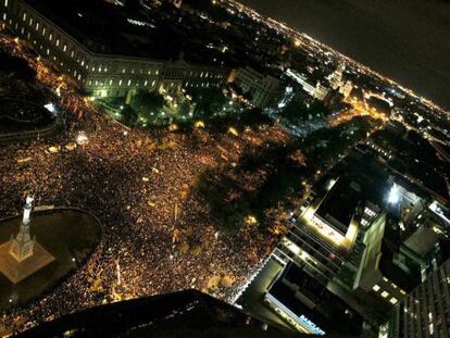 Vista panorámica de la plaza de Colón de Madrid durante la manifestación de la huelga general 14-N.