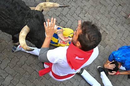 Un mozo ante, uno de los toros de la ganadería gaditana de La Palmosilla. 