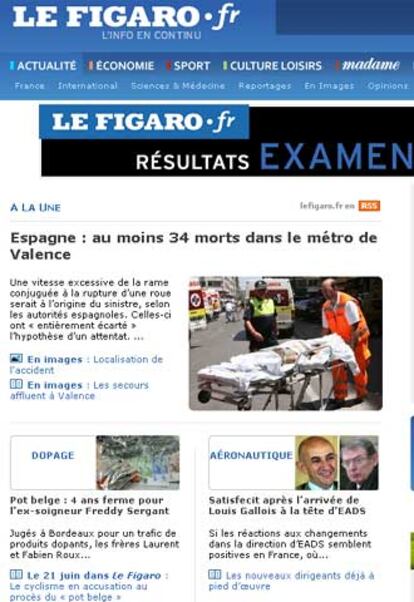 El periódico francés abre su página digital con la noticia del accidente en el metro de Valencia. Además, completa la información con un gráfico del lugar del accidente y una decena de fotografías -algunas de ellas captadas de la televisión- de la zona del siniestro.