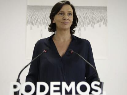 Carolina Bescansa, 'número tres' de Podemos, durante la rueda de prensa de este miércoles.
