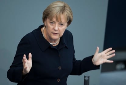 La canciller alemana, Angela Merkel, durante su intervención en el debate sobre los presupuestos que ha tenido lugar en el Bundestag (Parlamento).