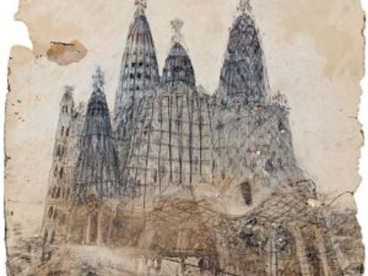 Dibujo con la perspectiva exterior de la iglesia de la Colonia Güell, de Antoni Gaudí.