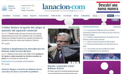 El juez Garzón es especialmente conocido en Argentina y Chile, donde investigó los crímenes cometidos por las dictaduras militares de esos países. En la imagen, la portada digital del rotativo bonaerense La Nación. También Clarín y la Gaceta de Tucumán informan de manera destacada sobre la suspensión del juez