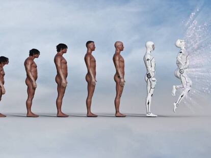 Evolución del hombre desde el hombre de las cavernas hasta el robot explosivo.