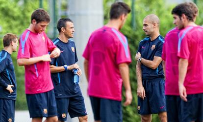 Entrenament conjunt del Barça i el Barça B amb Pep Guardiola i Luis Enrique, els seus respectius tècnics.