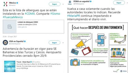 Plataformas como Facebook, Twitter o Instagram han servido para que instituciones y gobiernos proporcionasen información veraz de lo acaecido de forma instantánea en los últimos desastres. También advertencias, consejos y ubicaciones de albergues disponibles. Los usuarios, en México, utilizaron estos canales bajo el <em>hashtag</em> (etiqueta) #Sismo para canalizar la ayuda humanitaria e informar de las necesidades de cada zona. Aunque también para difundir rumores falsos como previsiones de nuevos temblores. Por ello, es importante verificar los avisos en los perfiles de cuentas oficiales.