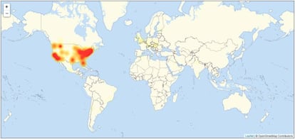 Mapa com os pontos do planeta com problemas de acesso, segundo o site especializado Downdetector.