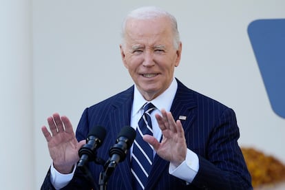 President Joe Biden speaks in the Rose Garden of the White House in Washington, Thursday, Nov. 7, 2024. (AP Photo/Ben Curtis)