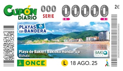 Playa de Bakio en la imagen del cupón diario de la ONCE de este lunes 18 de agosto.