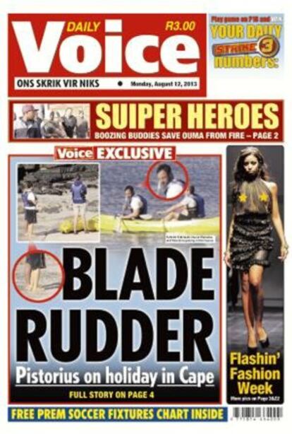 Portada del periódico sudafricano 'The Daily Voice', donde aparece Oscar Pistorius paseando en un kayak.