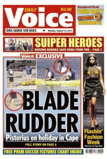 Portada del peri&oacute;dico sudafricano &#039;The Daily Voice&#039;, donde aparece Oscar Pistorius paseando en un kayak.