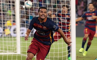 Pedro celebra el gol del triunfo frente al Sevilla.