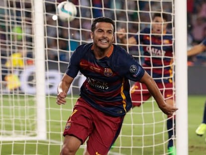 Pedro celebra el gol del triomf contra el Sevilla.