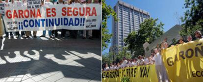 Dos manifestaciones de signo opuesto en Madrid: ante el Congreso, empleados de la central de Garoña por su continuidad; ante Industria, ecologistas por el cierre. 
/ u. martín