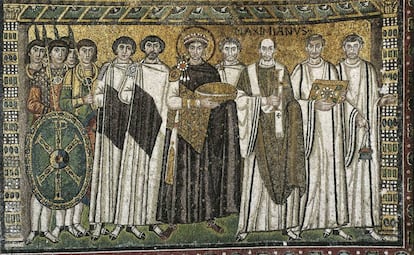 A sixth-century mosaic of Byzantine ruler Justinian and his court in the church of San Vitale in Ravenna, Italy.