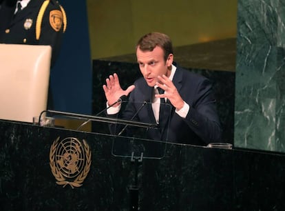 Emmanuel Macron, este martes durante su intervenci&oacute;n en la Asamblea Anual de Naciones Unidas.