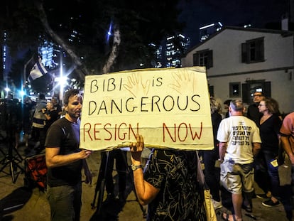 "Bibi [Benjamin Netanyahu] is dangerous. Resign now," reads a sign during a demonstration this past Saturday in Tel Aviv.