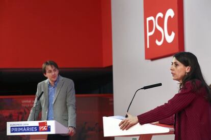 Javi López y Eliana Camps, durante el único debate de la campaña.