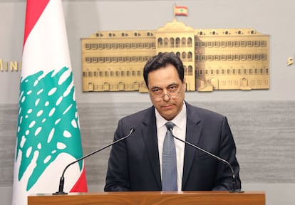 El primer ministro libanés, Hasan Diab, durante el anuncio de 'default' el 7 de marzo de 2020 en Beirut.