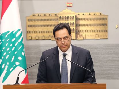 El primer ministro libanés, Hasan Diab, durante el anuncio de 'default' el 7 de marzo de 2020 en Beirut.