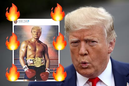 Donald Trump también recurre a exagerar y alardear de su aspecto físico en redes para proyectar una imagen que no se ajusta a la realidad. Una de sus últimas jugadas, la del pasado mes de noviembre, cuando hizo photoshop a una imagen de Sylvester Stallone caracterizado como Rocky Balboa, colocó su cara y la subió a redes sin motivo aparente (más allá de los frentes que tiene abiertos en su proceso de Impeachment).