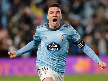 Iago Aspas celebra su gol de penalti en el útlimo segundo al Mallorca.