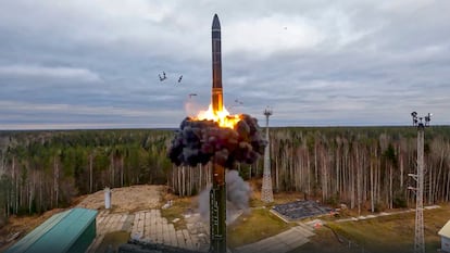 A Yars intercontinental ballistic missile is test-fired on Wednesday as part of Russia's nuclear drills from a launch site in Plesetsk, northwestern Russia.