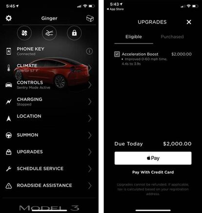 Compras dentro de la 'app' oficial de Tesla.