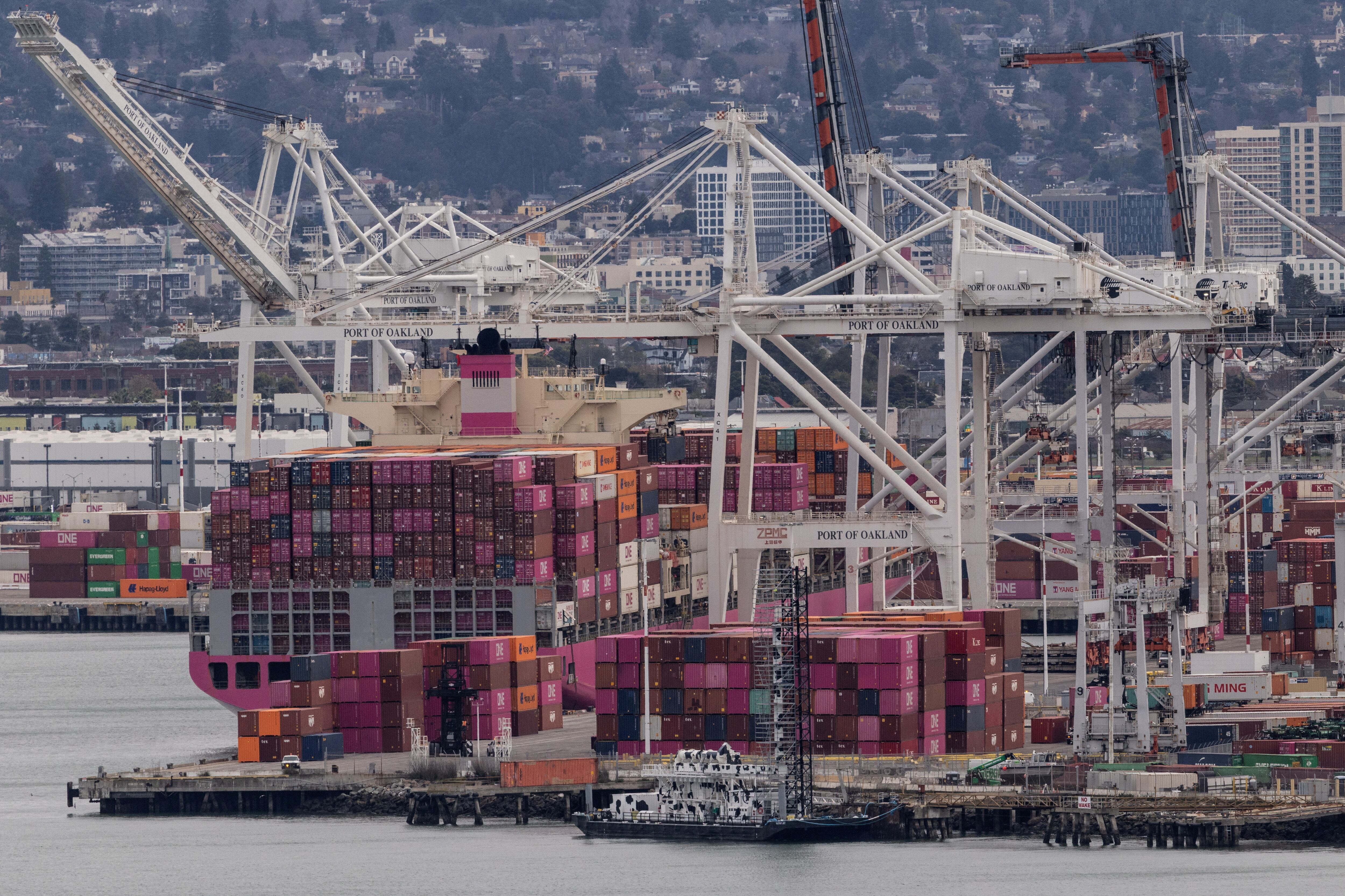 A cargo ship full of shipping containers is seen at the port of Oakland as trade tensions escalate over U.S. tariffs, in Oakland, California, U.S., February 3, 2025