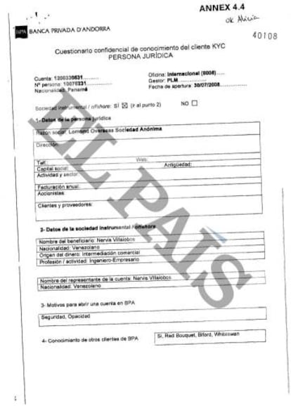 BPA bank account contract for former Venezuelan energy vice-minister Javier Alvarado Ochoa.