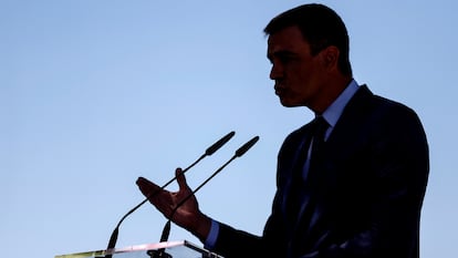 El presidente del Gobierno, Pedro Sánchez durante la clausura del acto de presentación del Proyecto Estratégico para la Recuperación y Transformación Económica (PERTE) Aeroespacial, este jueves en el Centro de Entrenamiento y Visitantes INTA-NASA, en Robledo de Chavela (Madrid), el miércoles.