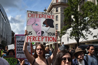 An animal welfare march in London, on August 26, 2023.