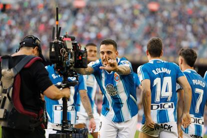 Joselu celebra el empate del Espanyol ante el Barcelona.